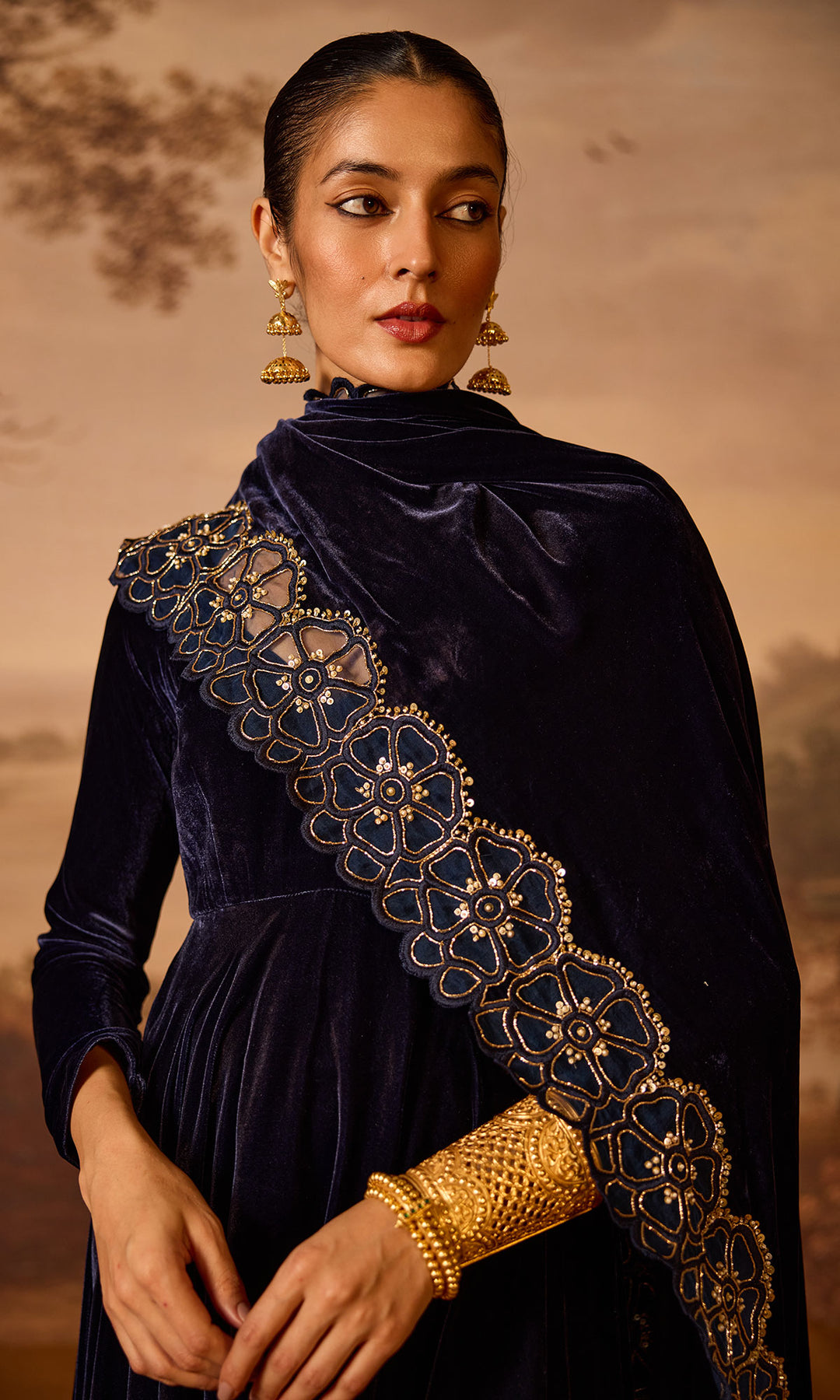 Dilbaro Embroidered Velvets Blue Silk Velvet Anarkali with Embroidered Palazzo and Shawl (Set of 3)