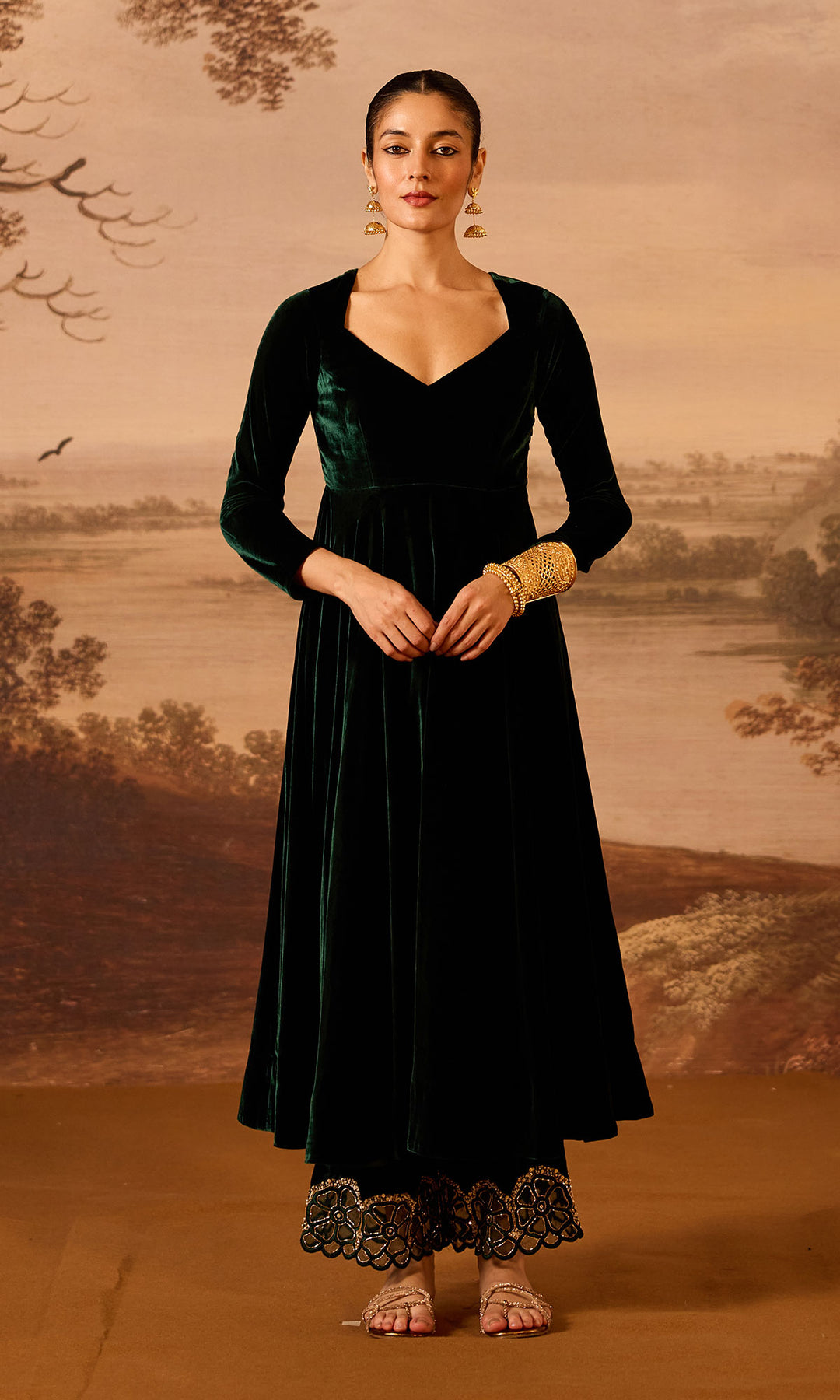 Dilbaro Embroidered Velvets Green Silk Velvet Anarkali with Embroidered Palazzo and Shawl (Set of 3)