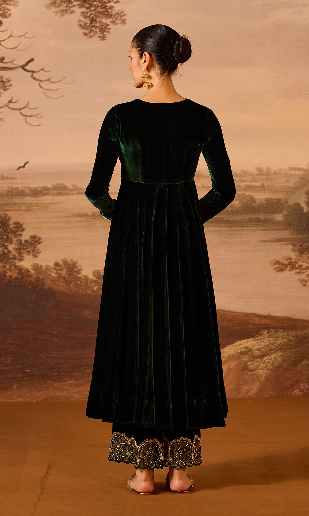 Dilbaro Embroidered Velvets Green Silk Velvet Anarkali with Embroidered Palazzo and Shawl (Set of 3)