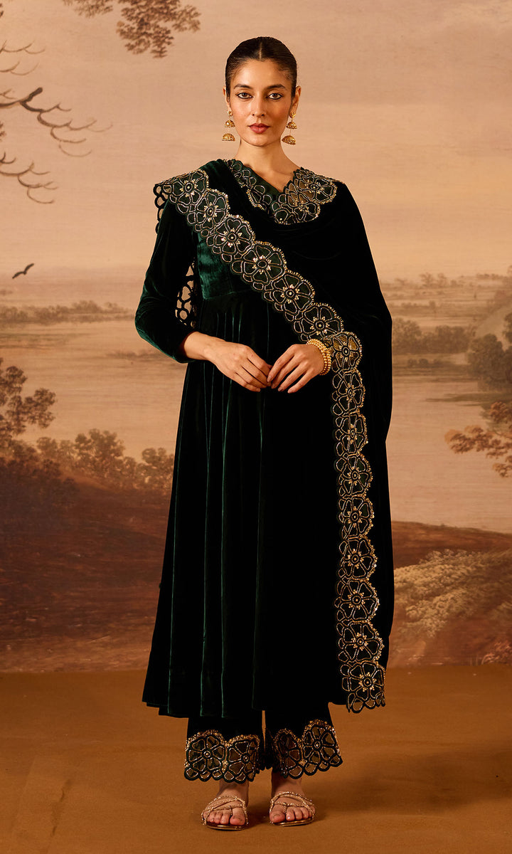 Dilbaro Embroidered Velvets Green Silk Velvet Anarkali with Embroidered Palazzo and Shawl (Set of 3)
