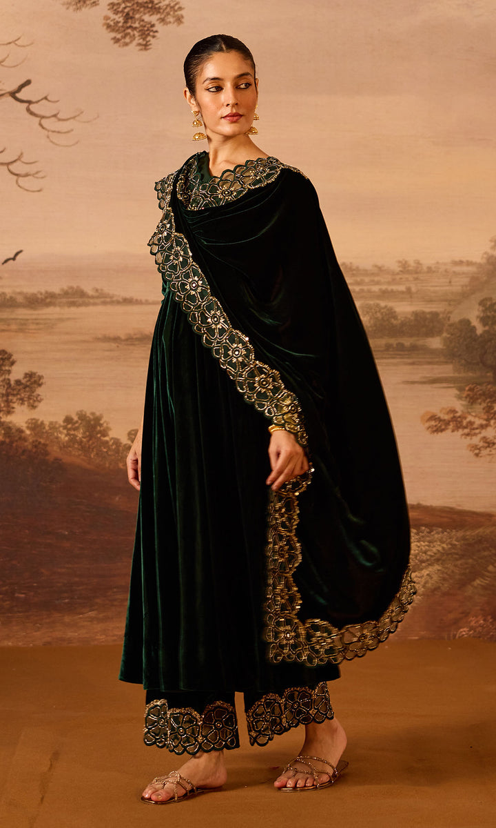 Dilbaro Embroidered Velvets Green Silk Velvet Anarkali with Embroidered Palazzo and Shawl (Set of 3)