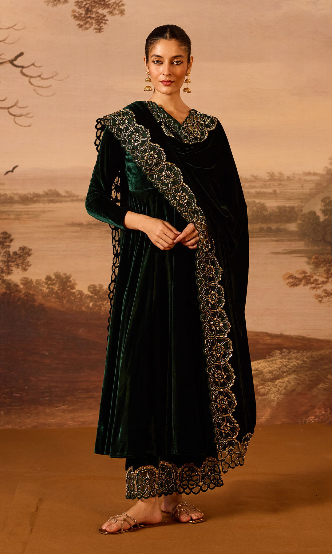 Dilbaro Embroidered Velvets Green Silk Velvet Anarkali with Embroidered Palazzo and Shawl (Set of 3)