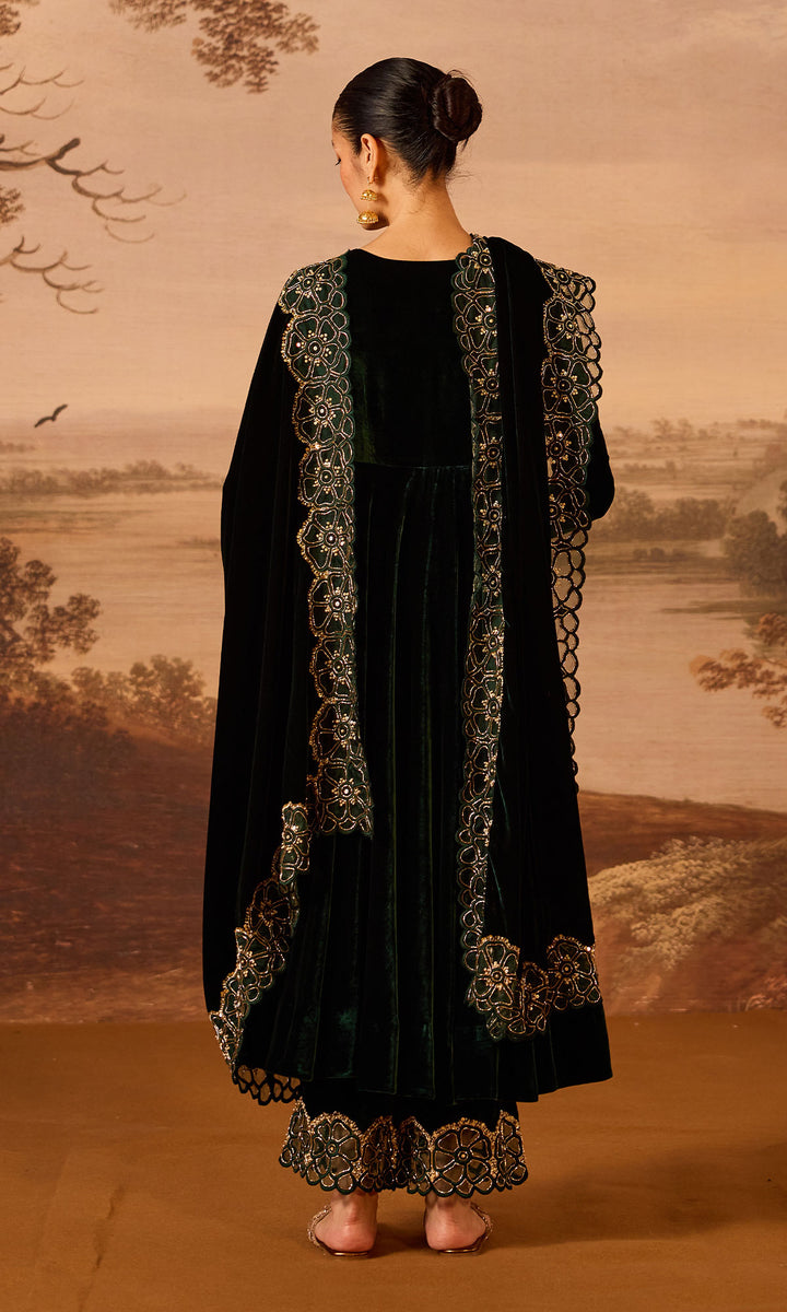 Dilbaro Embroidered Velvets Green Silk Velvet Anarkali with Embroidered Palazzo and Shawl (Set of 3)
