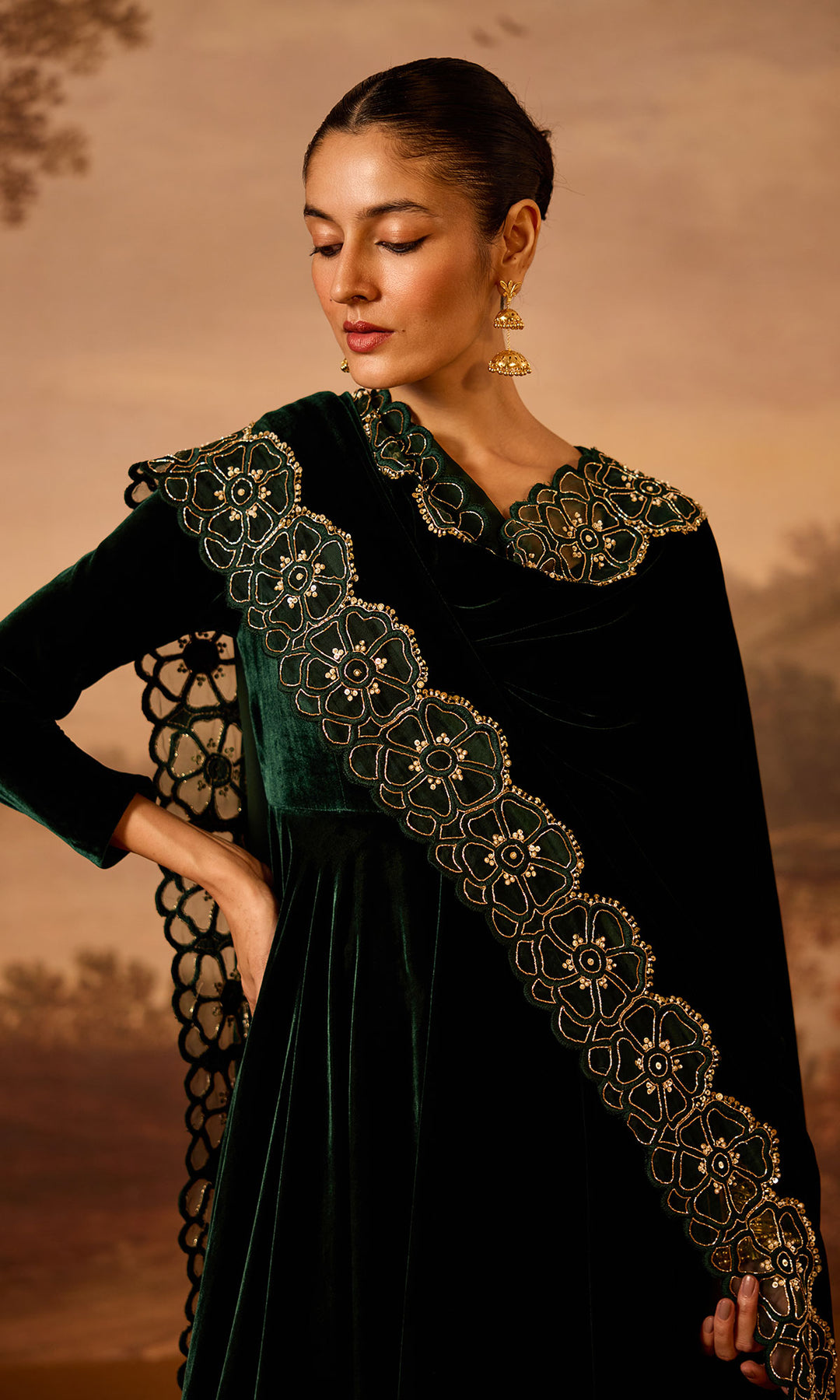 Dilbaro Embroidered Velvets Green Silk Velvet Anarkali with Embroidered Palazzo and Shawl (Set of 3)