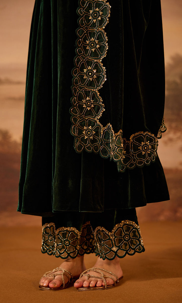 Dilbaro Embroidered Velvets Green Silk Velvet Anarkali with Embroidered Palazzo and Shawl (Set of 3)