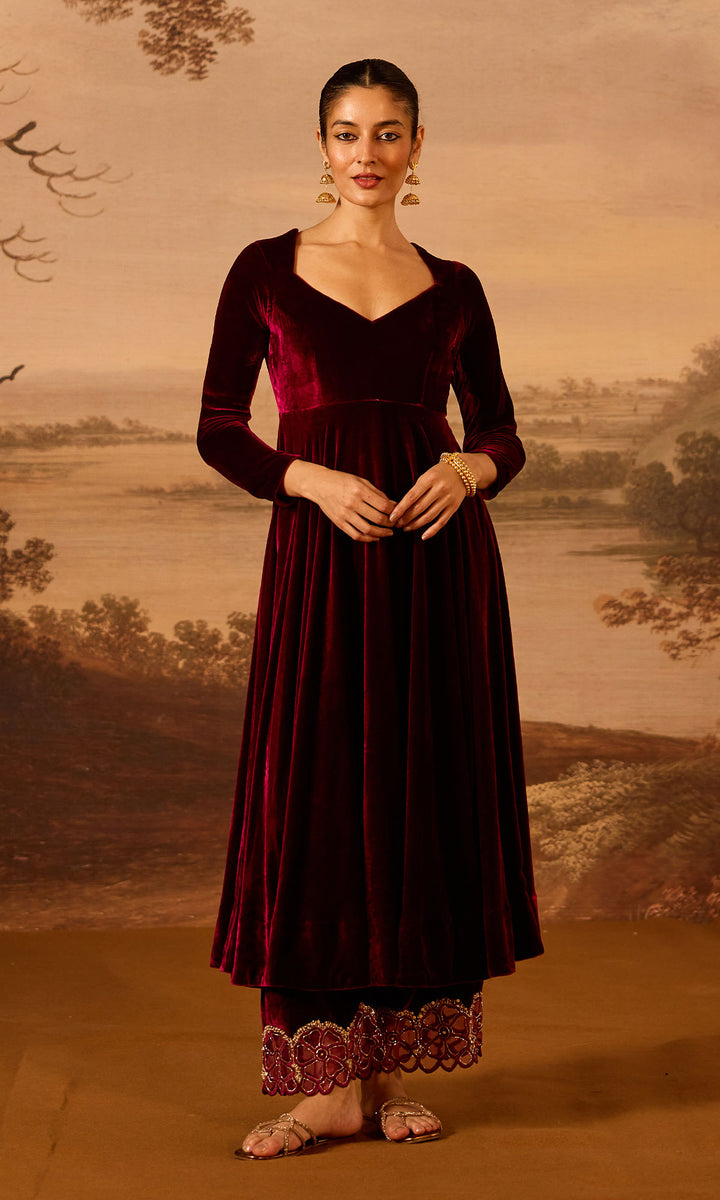 Dilbaro Embroidered Velvets Deep Orchid Silk Velvet Anarkali with Embroidered Palazzo and Shawl (Set of 3)