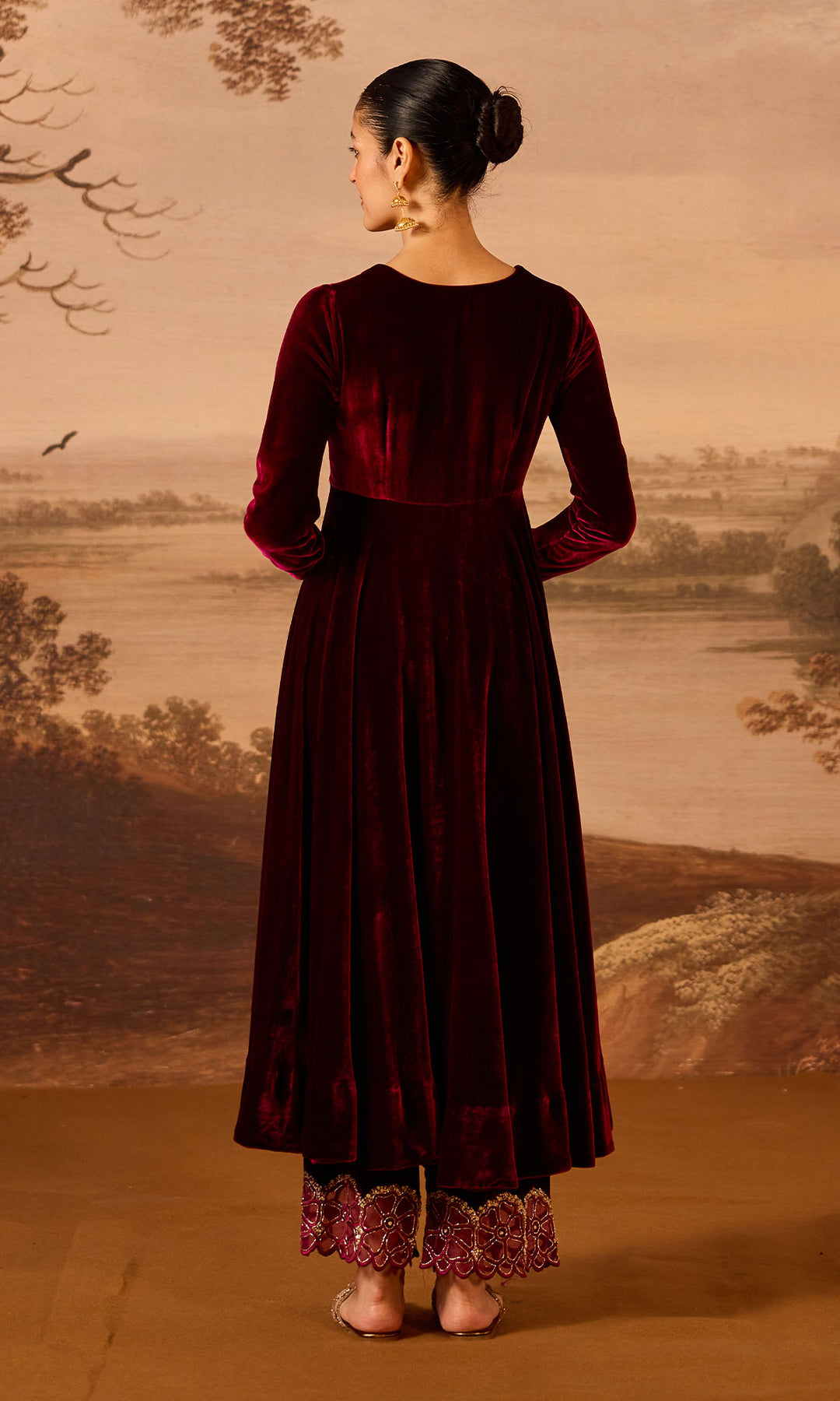 Dilbaro Embroidered Velvets Deep Orchid Silk Velvet Anarkali with Embroidered Palazzo and Shawl (Set of 3)