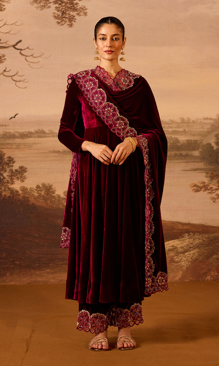 Dilbaro Embroidered Velvets Deep Orchid Silk Velvet Anarkali with Embroidered Palazzo and Shawl (Set of 3)