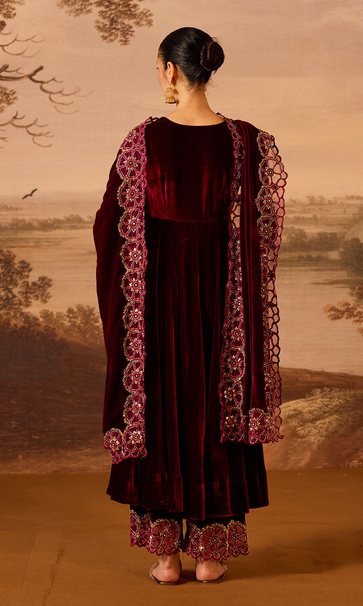 Dilbaro Embroidered Velvets Deep Orchid Silk Velvet Anarkali with Embroidered Palazzo and Shawl (Set of 3)