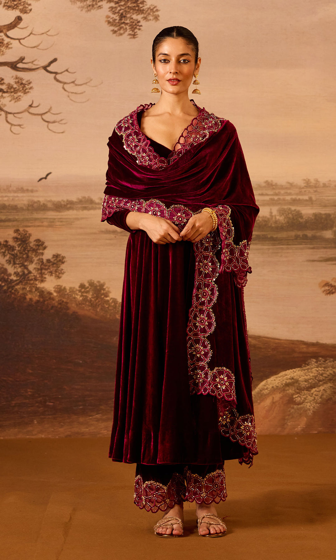 Dilbaro Embroidered Velvets Deep Orchid Silk Velvet Anarkali with Embroidered Palazzo and Shawl (Set of 3)