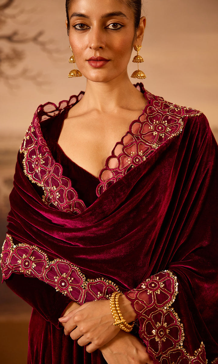 Dilbaro Embroidered Velvets Deep Orchid Silk Velvet Anarkali with Embroidered Palazzo and Shawl (Set of 3)