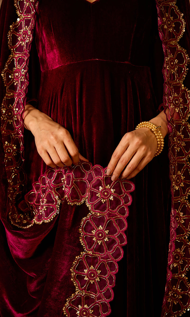 Dilbaro Embroidered Velvets Deep Orchid Silk Velvet Anarkali with Embroidered Palazzo and Shawl (Set of 3)