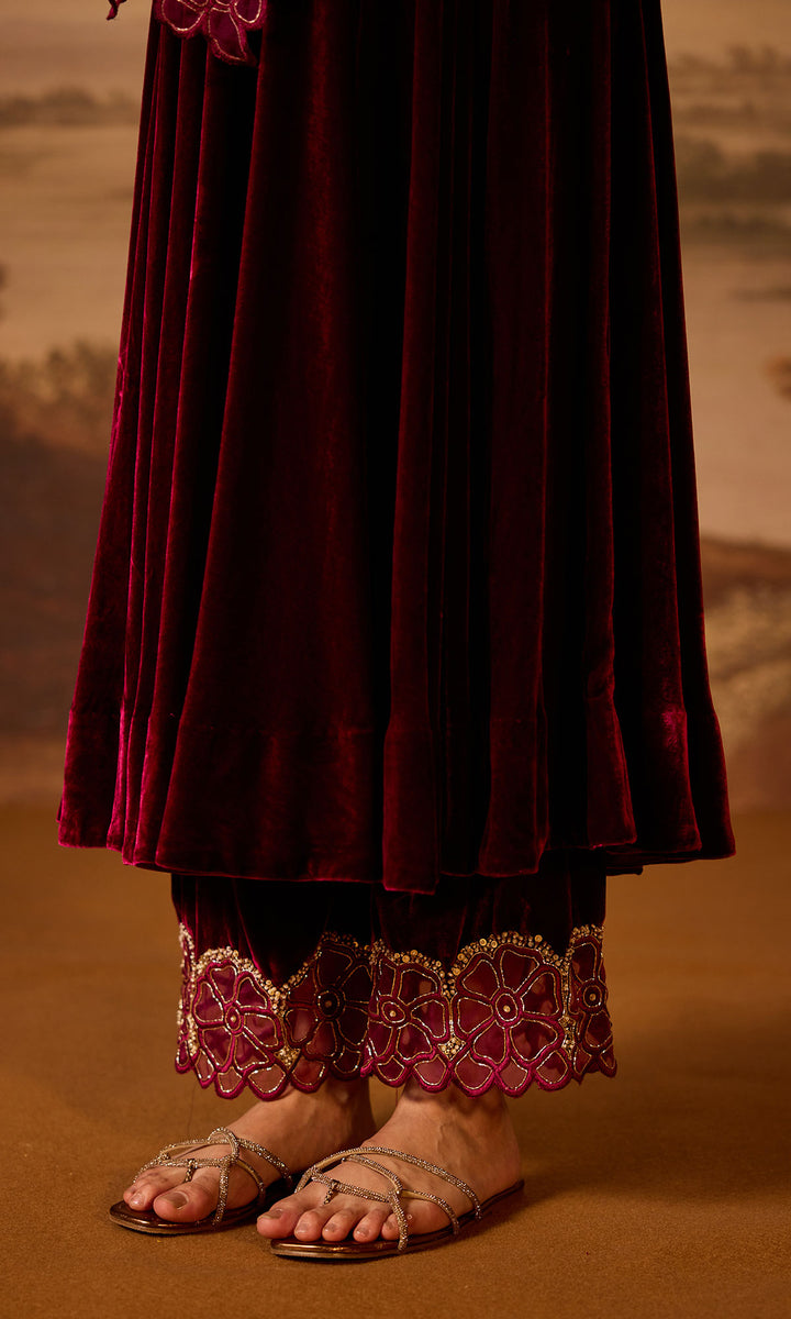 Dilbaro Embroidered Velvets Deep Orchid Silk Velvet Anarkali with Embroidered Palazzo and Shawl (Set of 3)