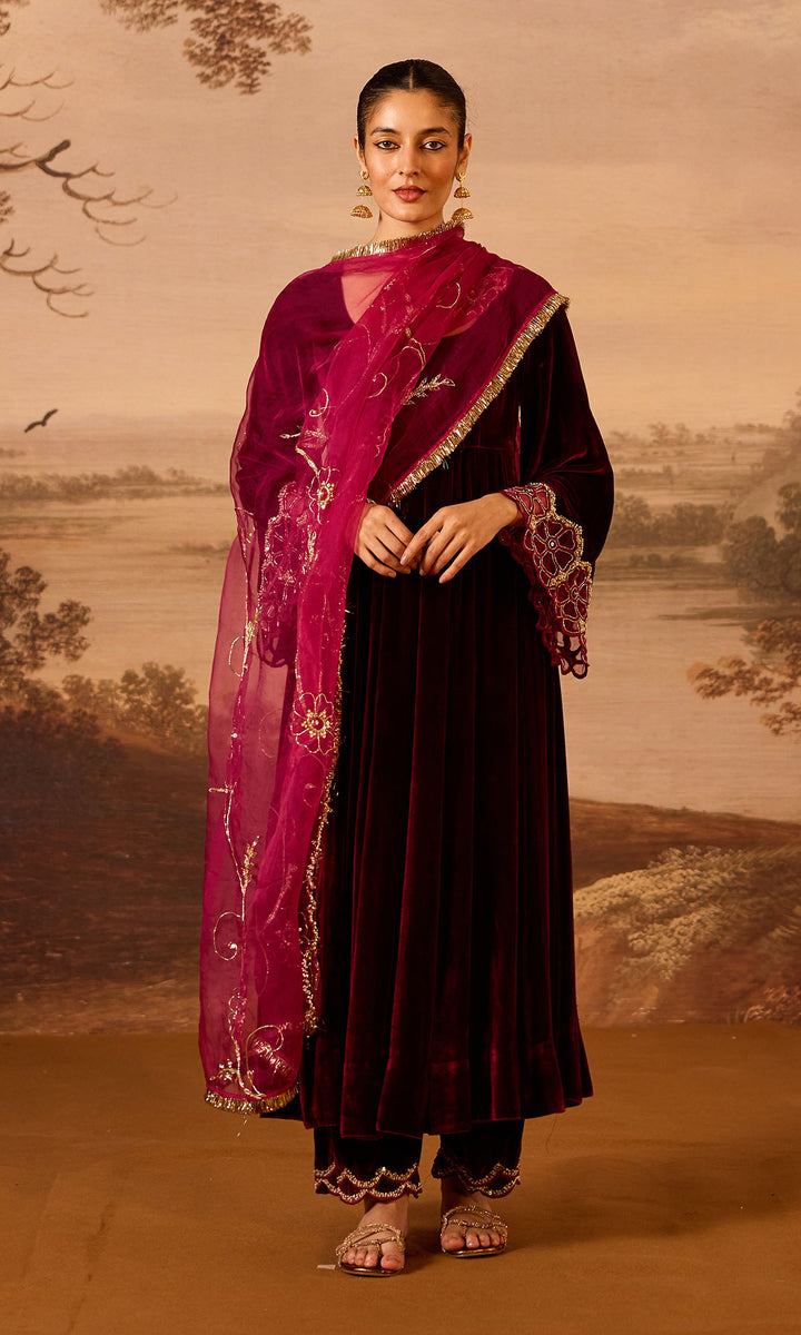 Dilbaro Embroidered Velvets Deep Orchid Silk Velvet Flare Sleeves Anarkali with Palazzo and Dupatta (Set of 3)