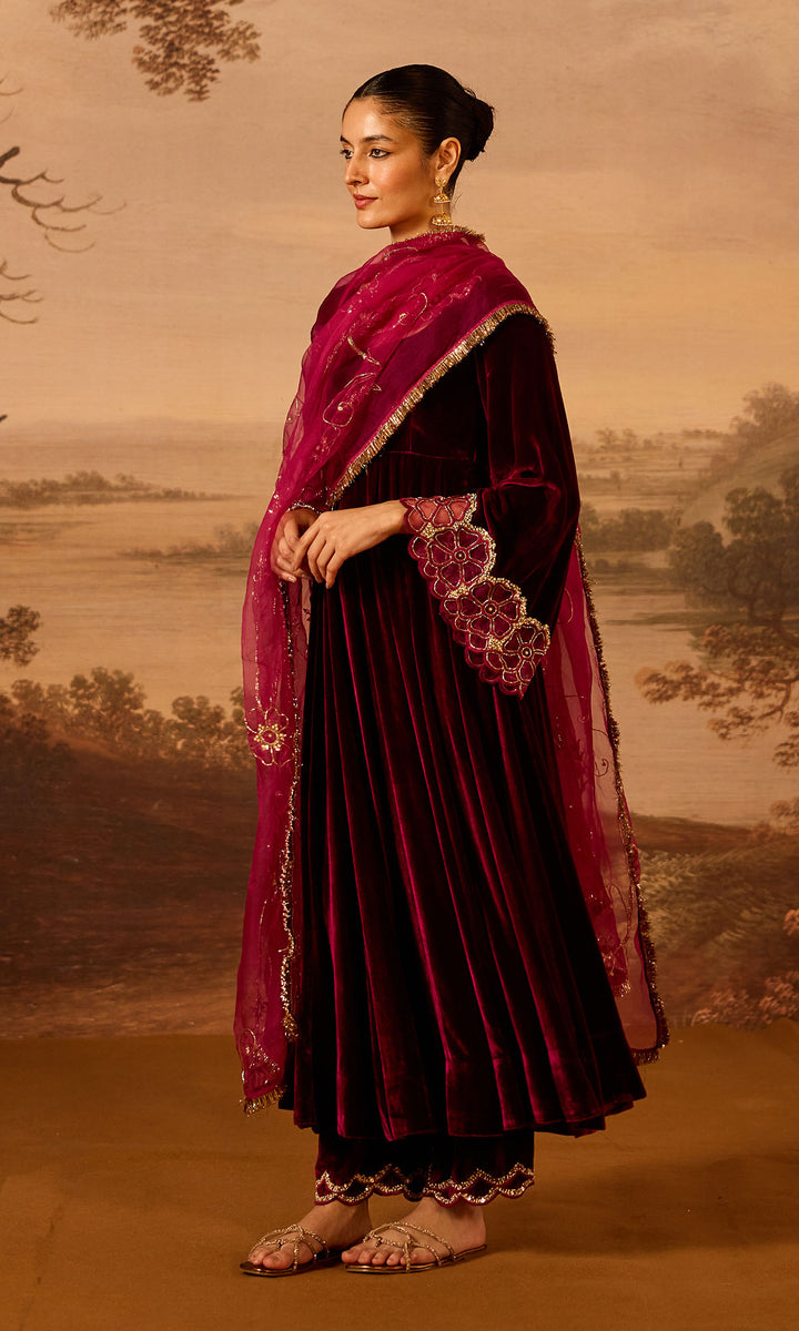 Dilbaro Embroidered Velvets Deep Orchid Silk Velvet Flare Sleeves Anarkali with Palazzo and Dupatta (Set of 3)