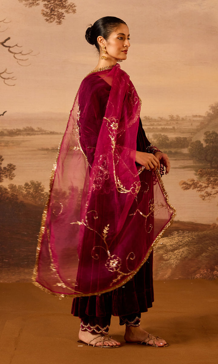 Dilbaro Embroidered Velvets Deep Orchid Silk Velvet Flare Sleeves Anarkali with Palazzo and Dupatta (Set of 3)