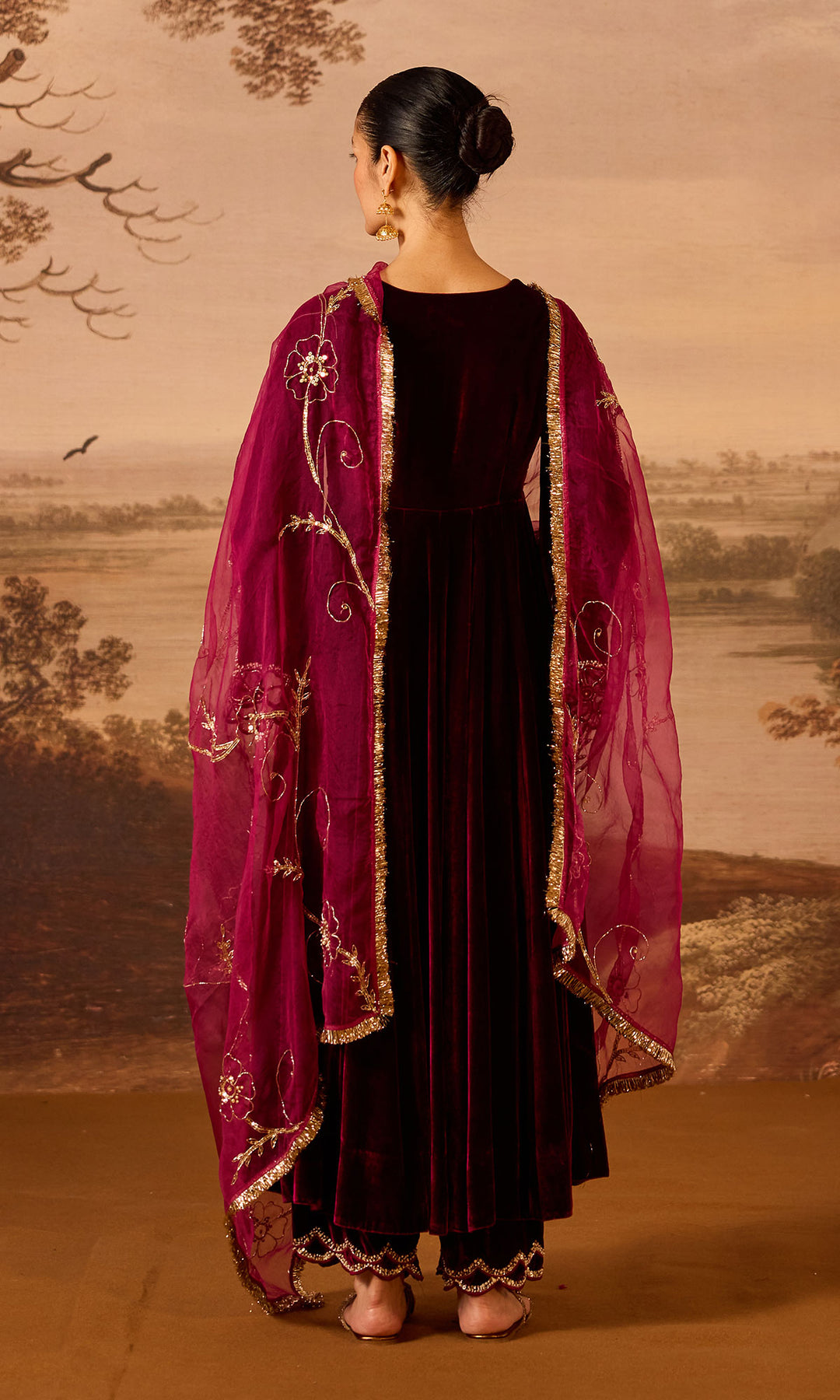 Dilbaro Embroidered Velvets Deep Orchid Silk Velvet Flare Sleeves Anarkali with Palazzo and Dupatta (Set of 3)