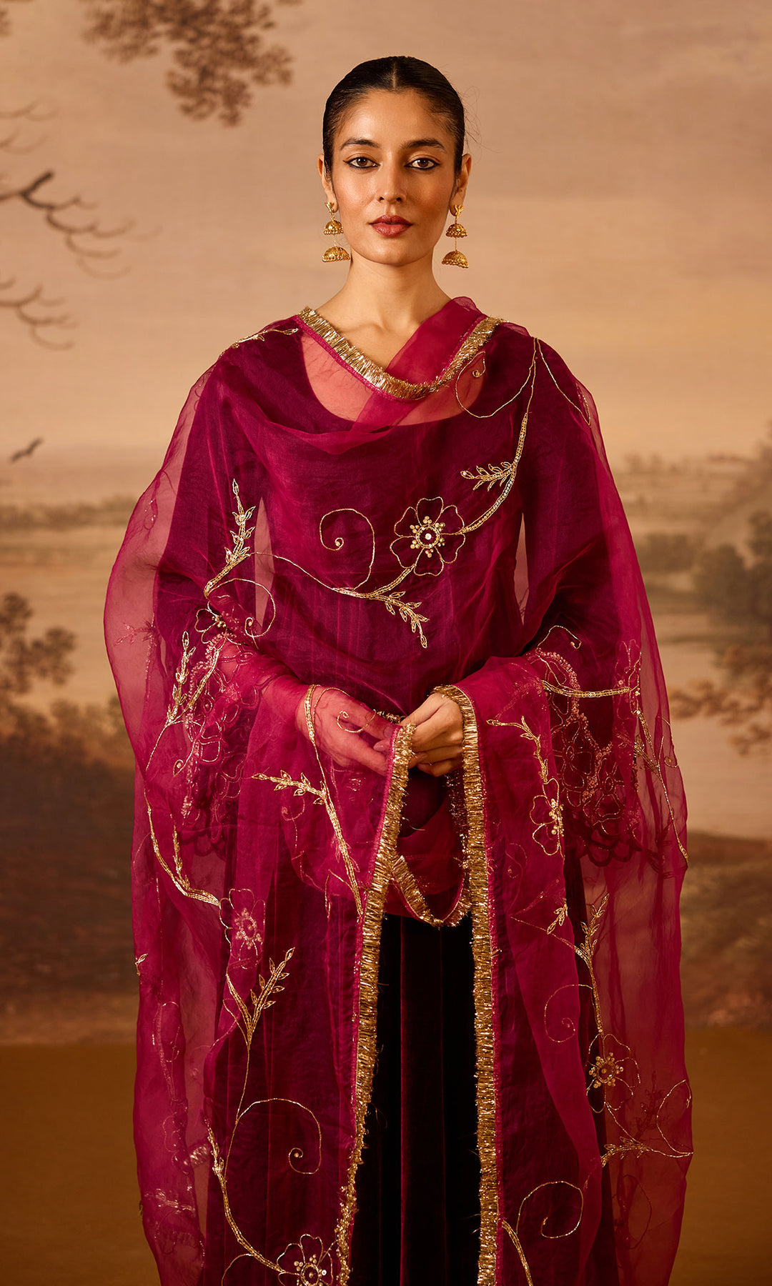 Dilbaro Embroidered Velvets Deep Orchid Silk Velvet Flare Sleeves Anarkali with Palazzo and Dupatta (Set of 3)