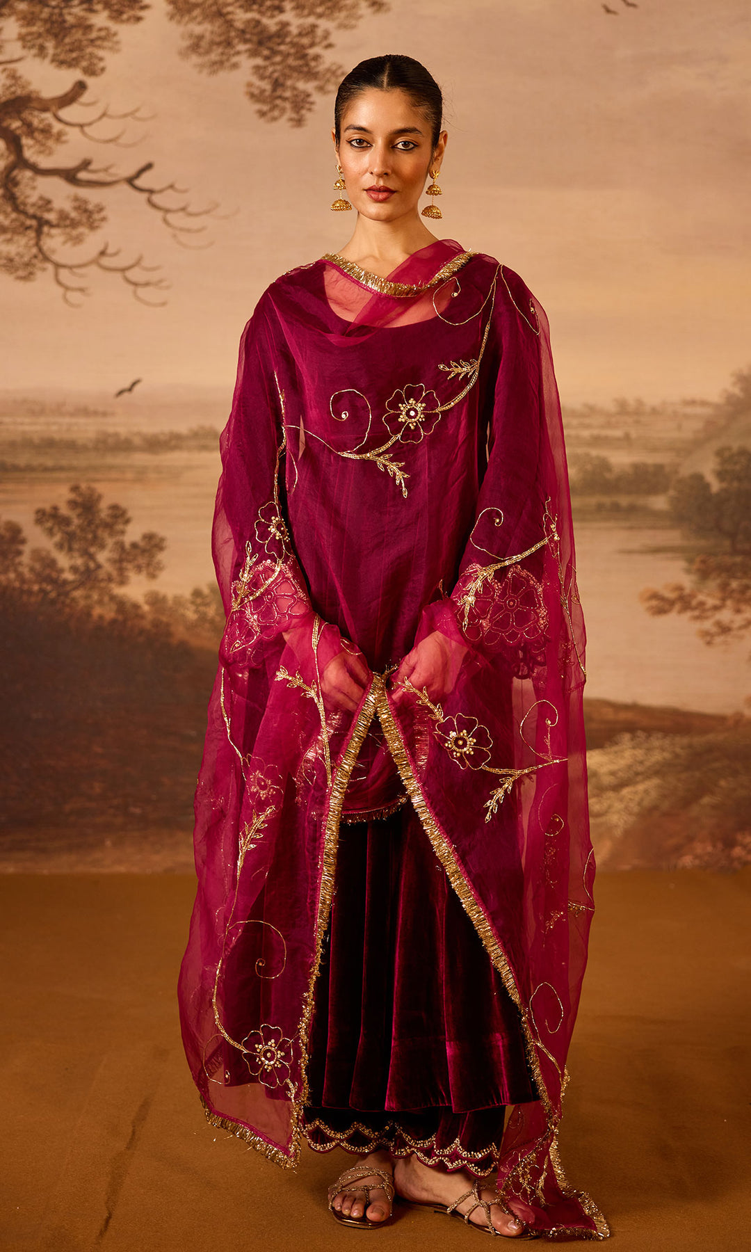 Dilbaro Embroidered Velvets Deep Orchid Silk Velvet Flare Sleeves Anarkali with Palazzo and Dupatta (Set of 3)