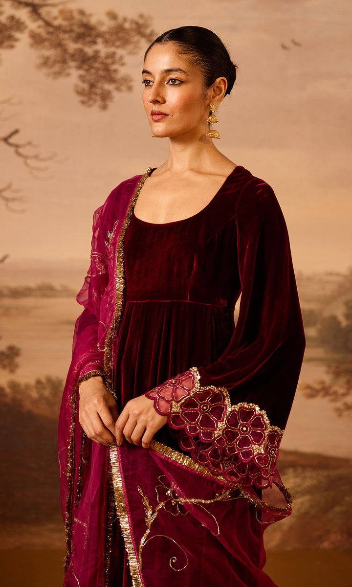 Dilbaro Embroidered Velvets Deep Orchid Silk Velvet Flare Sleeves Anarkali with Palazzo and Dupatta (Set of 3)