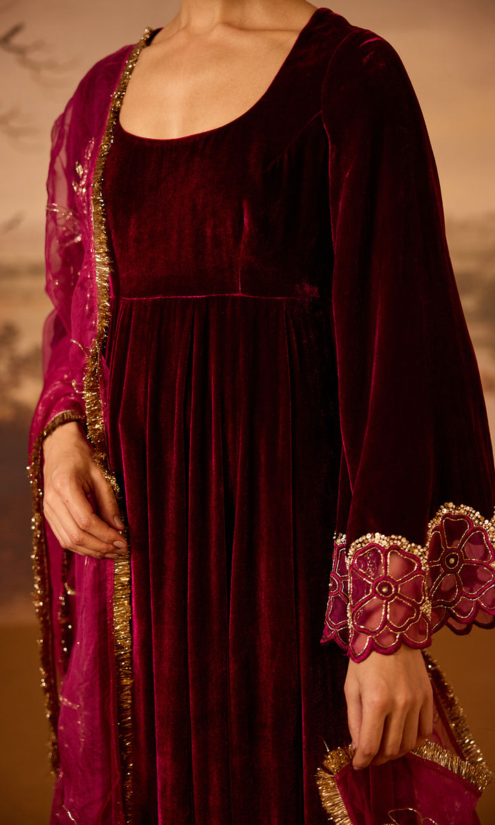 Dilbaro Embroidered Velvets Deep Orchid Silk Velvet Flare Sleeves Anarkali with Palazzo and Dupatta (Set of 3)