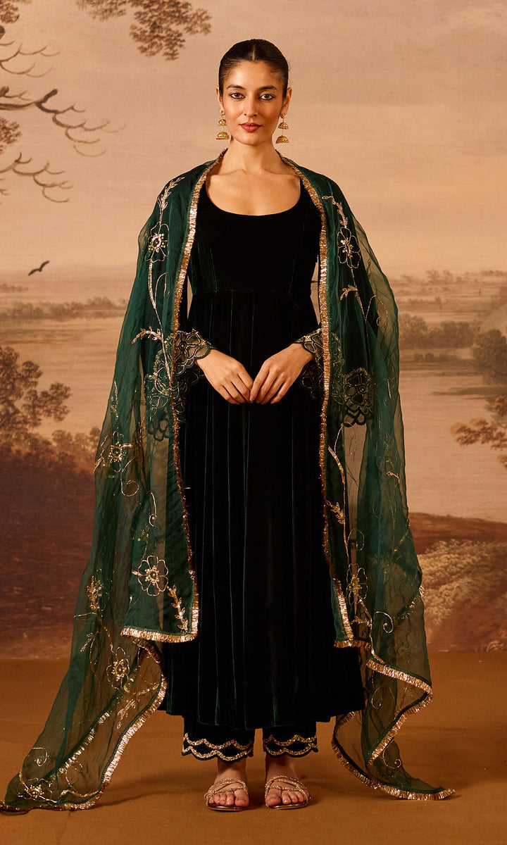 Dilbaro Embroidered Velvets Green Silk Velvet Flare Sleeves Anarkali with Palazzo and Dupatta (Set of 3)