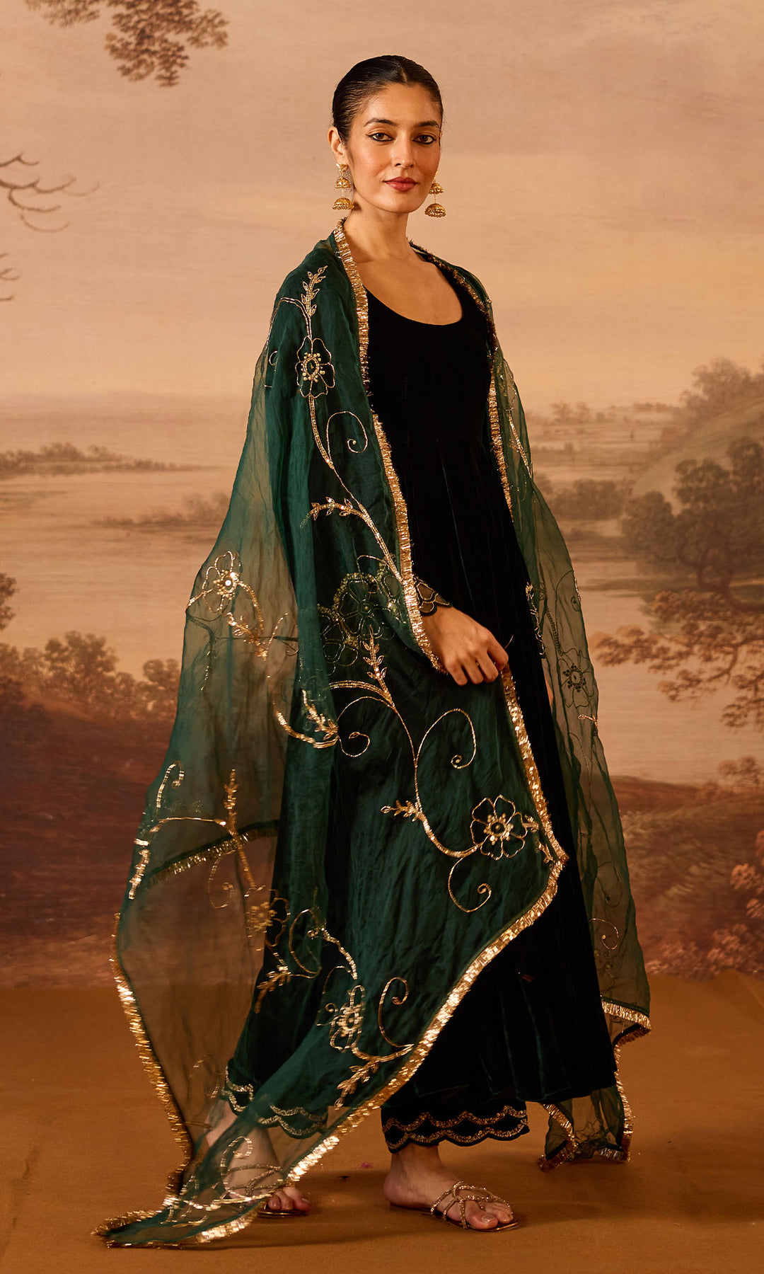 Dilbaro Embroidered Velvets Green Silk Velvet Flare Sleeves Anarkali with Palazzo and Dupatta (Set of 3)