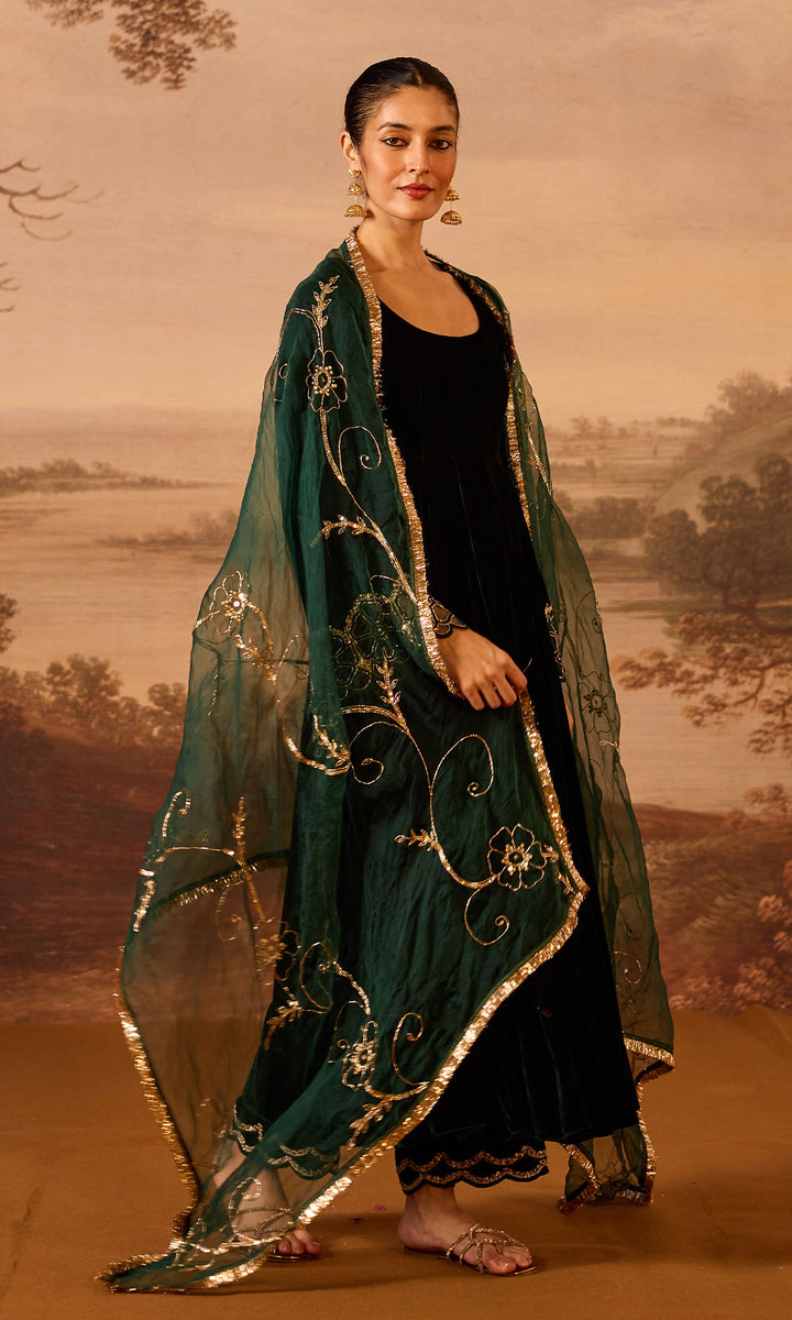 Dilbaro Embroidered Velvets Green Silk Velvet Flare Sleeves Anarkali with Palazzo and Dupatta (Set of 3)