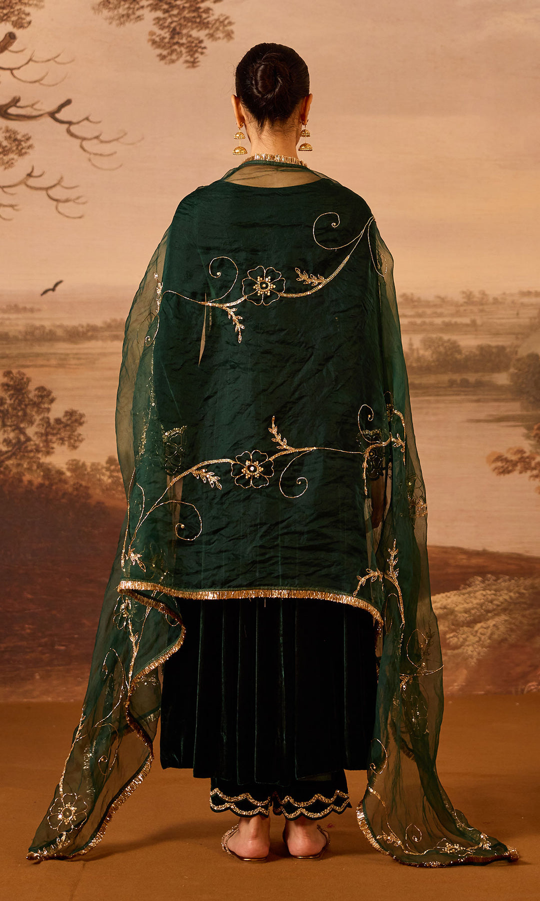 Dilbaro Embroidered Velvets Green Silk Velvet Flare Sleeves Anarkali with Palazzo and Dupatta (Set of 3)