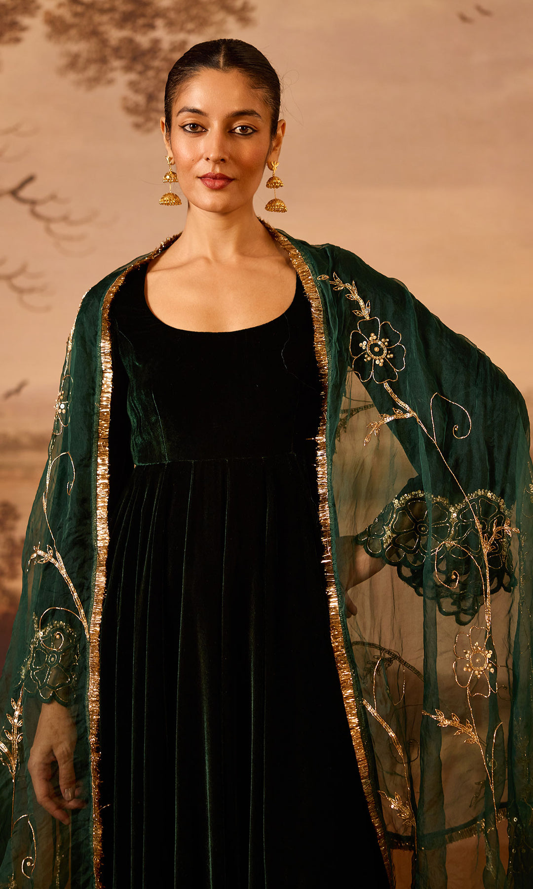 Dilbaro Embroidered Velvets Green Silk Velvet Flare Sleeves Anarkali with Palazzo and Dupatta (Set of 3)