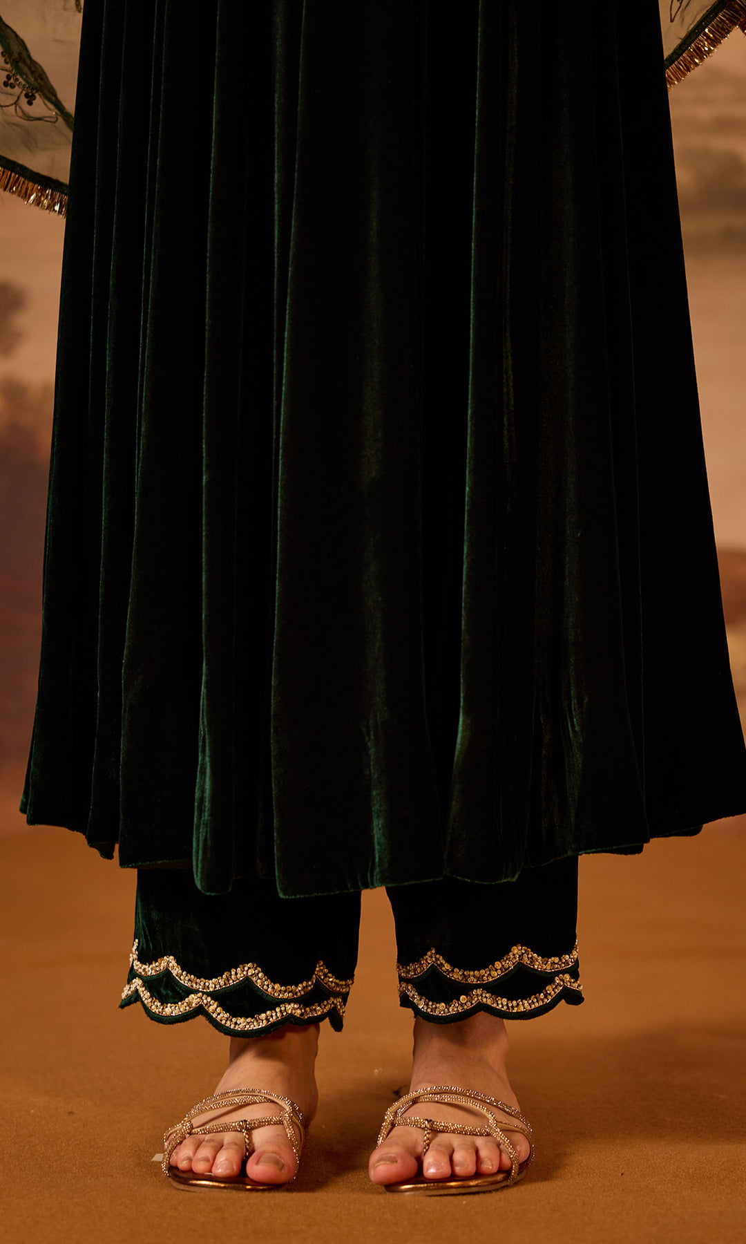 Dilbaro Embroidered Velvets Green Silk Velvet Flare Sleeves Anarkali with Palazzo and Dupatta (Set of 3)