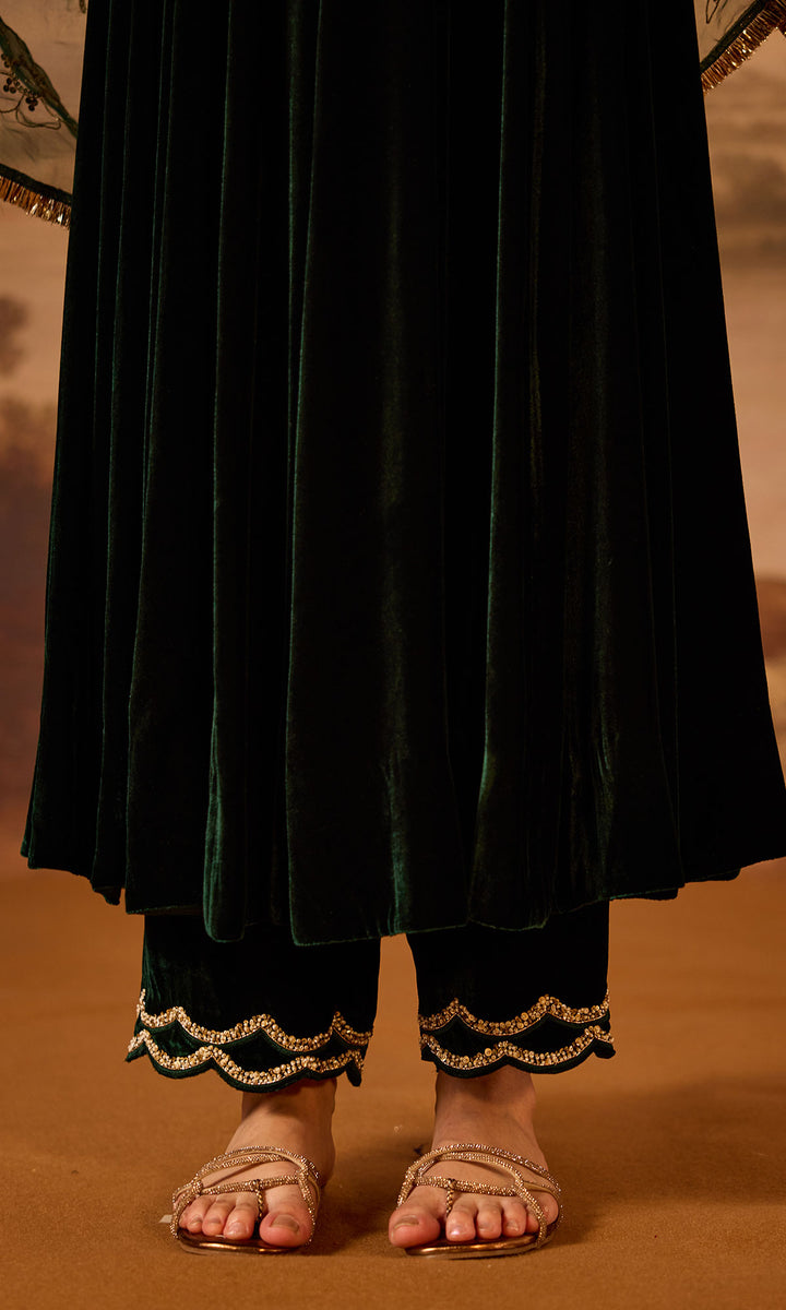 Dilbaro Embroidered Velvets Green Silk Velvet Flare Sleeves Anarkali with Palazzo and Dupatta (Set of 3)