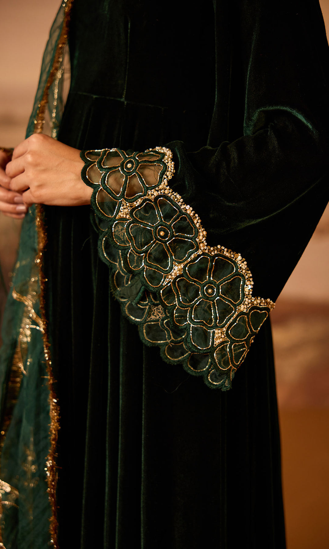 Dilbaro Embroidered Velvets Green Silk Velvet Flare Sleeves Anarkali with Palazzo and Dupatta (Set of 3)