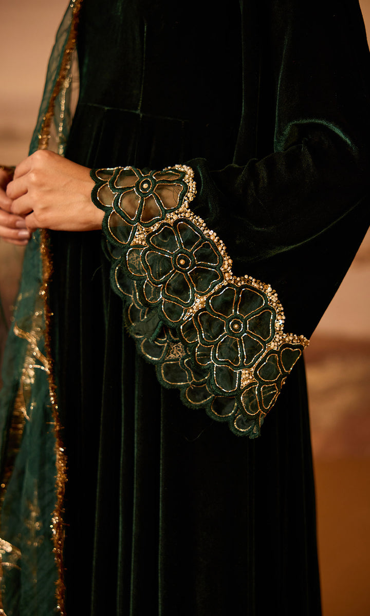 Dilbaro Embroidered Velvets Green Silk Velvet Flare Sleeves Anarkali with Palazzo and Dupatta (Set of 3)