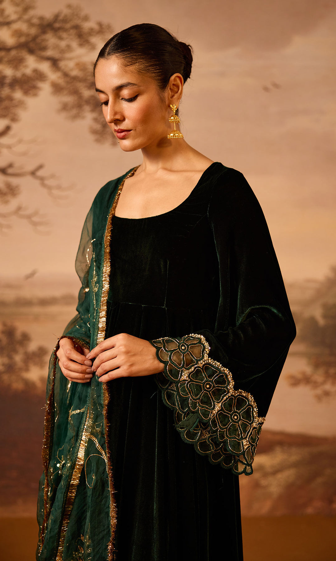 Dilbaro Embroidered Velvets Green Silk Velvet Flare Sleeves Anarkali with Palazzo and Dupatta (Set of 3)