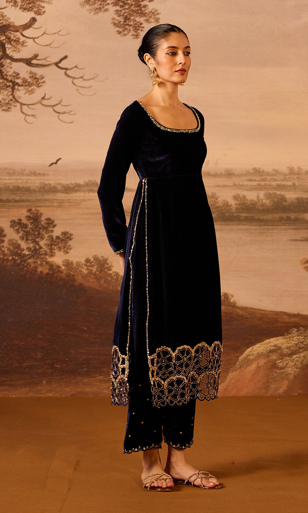 Dilbaro Embroidered Velvets Purple Silk Velvet Straight Kurta with Palazzo and Dupatta (Set of 3)