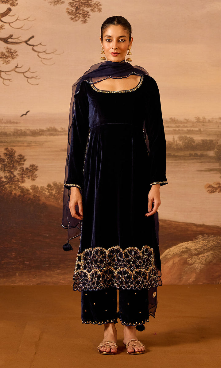 Dilbaro Embroidered Velvets Blue Silk Velvet Straight Kurta with Palazzo and Dupatta (Set of 3)