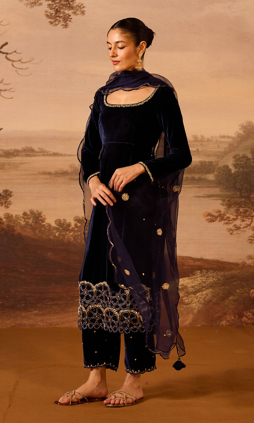 Dilbaro Embroidered Velvets Blue Silk Velvet Straight Kurta with Palazzo and Dupatta (Set of 3)