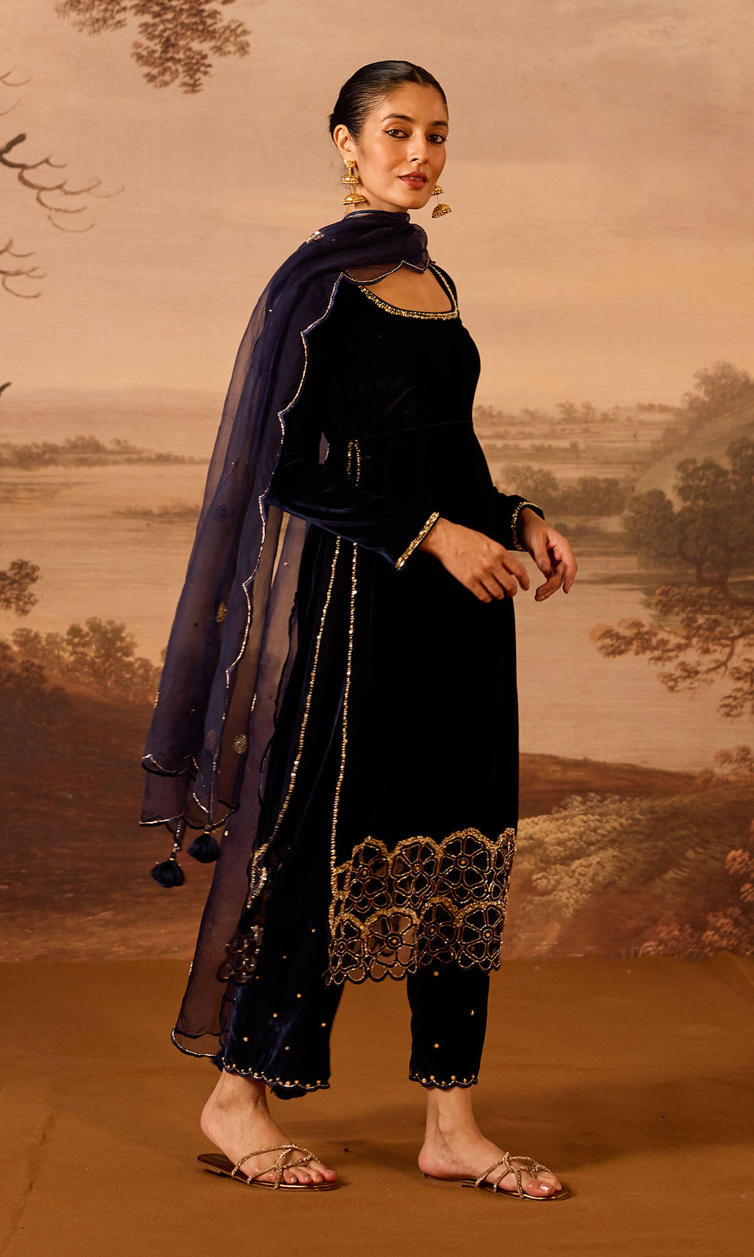 Dilbaro Embroidered Velvets Blue Silk Velvet Straight Kurta with Palazzo and Dupatta (Set of 3)