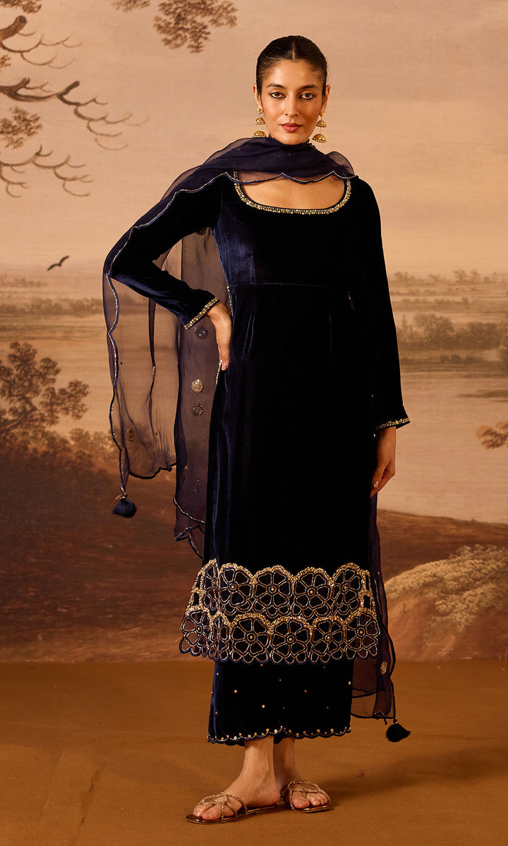 Dilbaro Embroidered Velvets Blue Silk Velvet Straight Kurta with Palazzo and Dupatta (Set of 3)