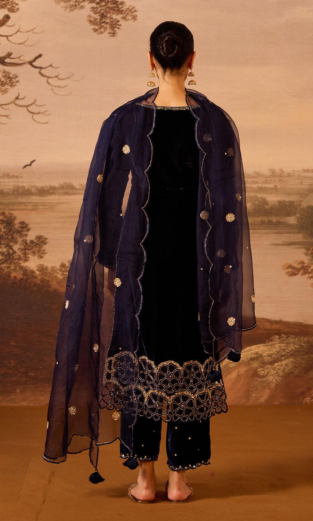 Dilbaro Embroidered Velvets Blue Silk Velvet Straight Kurta with Palazzo and Dupatta (Set of 3)