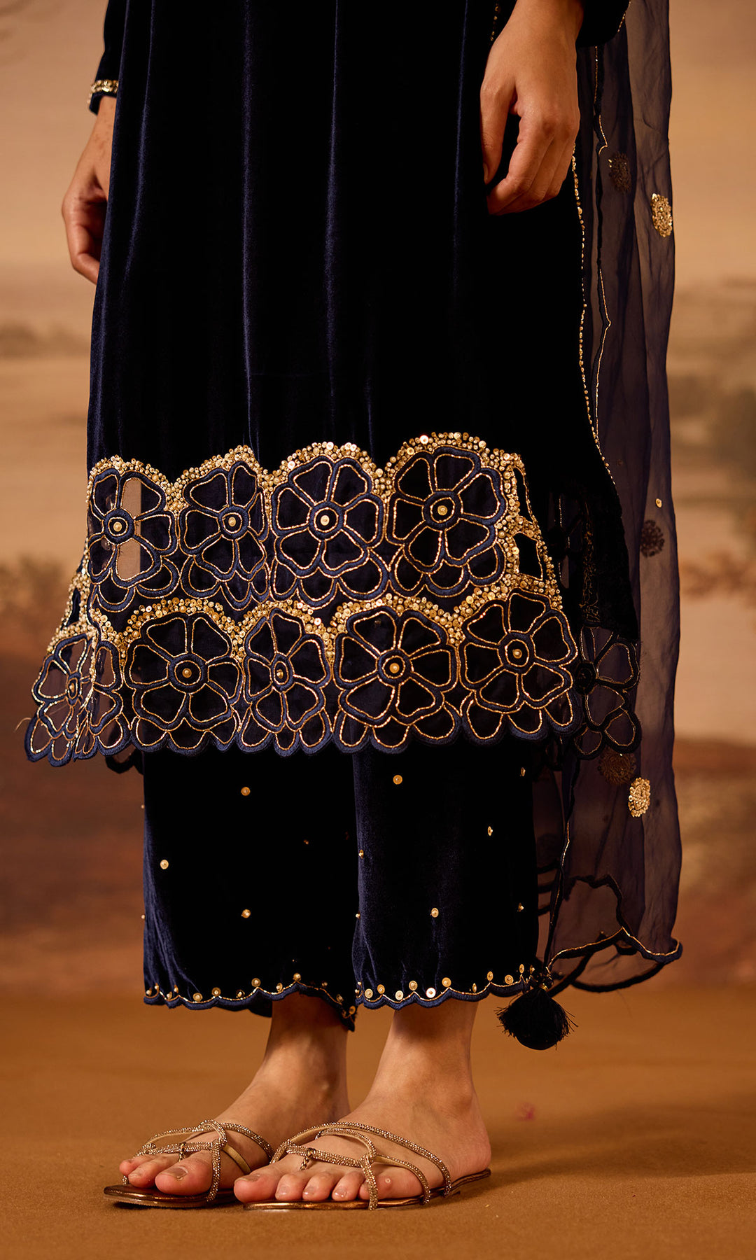 Dilbaro Embroidered Velvets Blue Silk Velvet Straight Kurta with Palazzo and Dupatta (Set of 3)