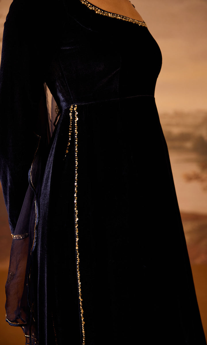 Dilbaro Embroidered Velvets Purple Silk Velvet Straight Kurta with Palazzo and Dupatta (Set of 3)