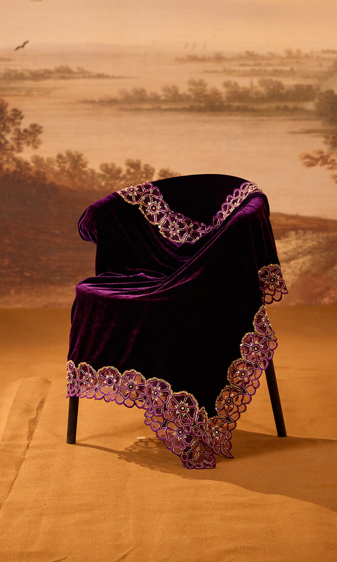 Dilbaro Embroidered Velvets Purple Silk Velvet Cutwork Shawl