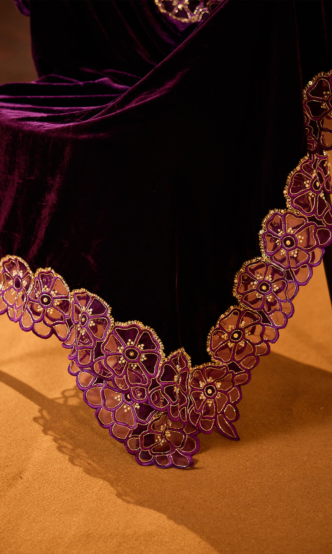 Dilbaro Embroidered Velvets Purple Silk Velvet Cutwork Shawl