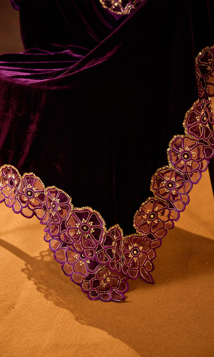 Dilbaro Embroidered Velvets Purple Silk Velvet Cutwork Shawl