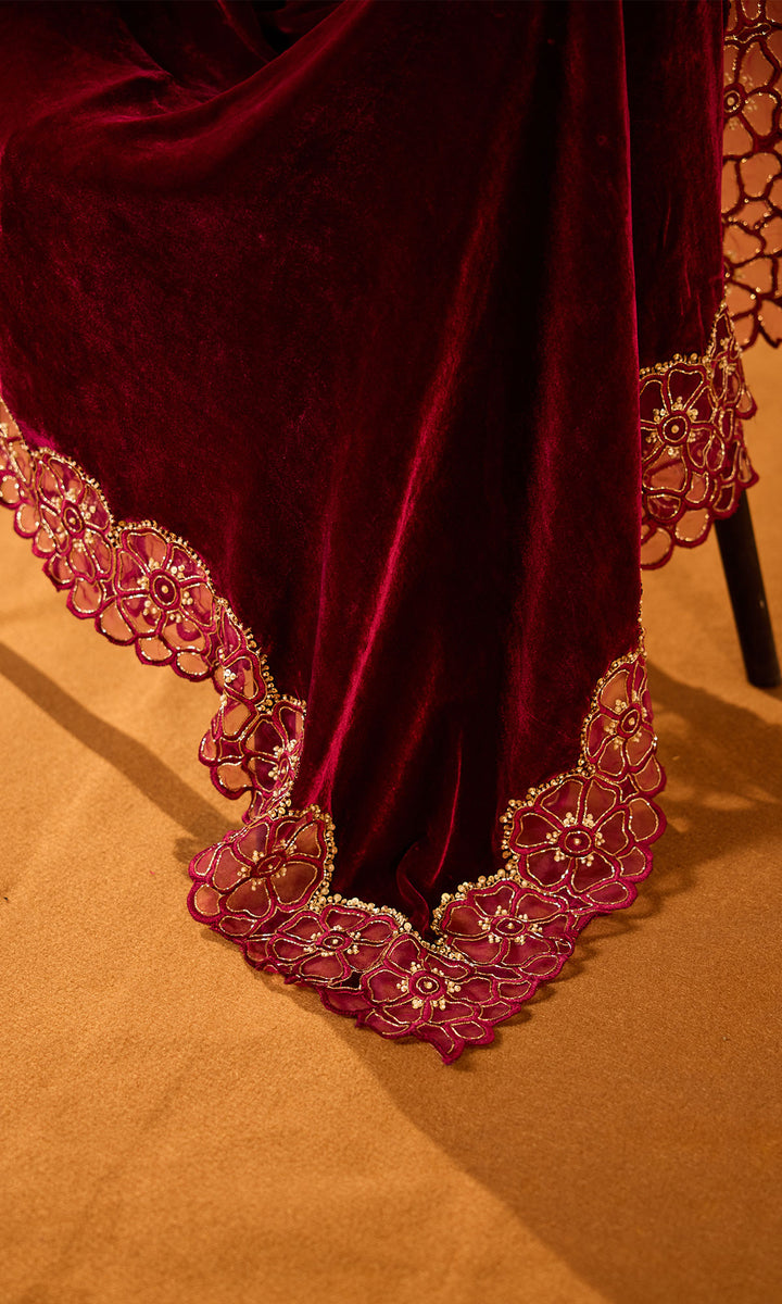 Dilbaro Embroidered Velvets Deep Orchid Silk Velvet Cutwork Shawl