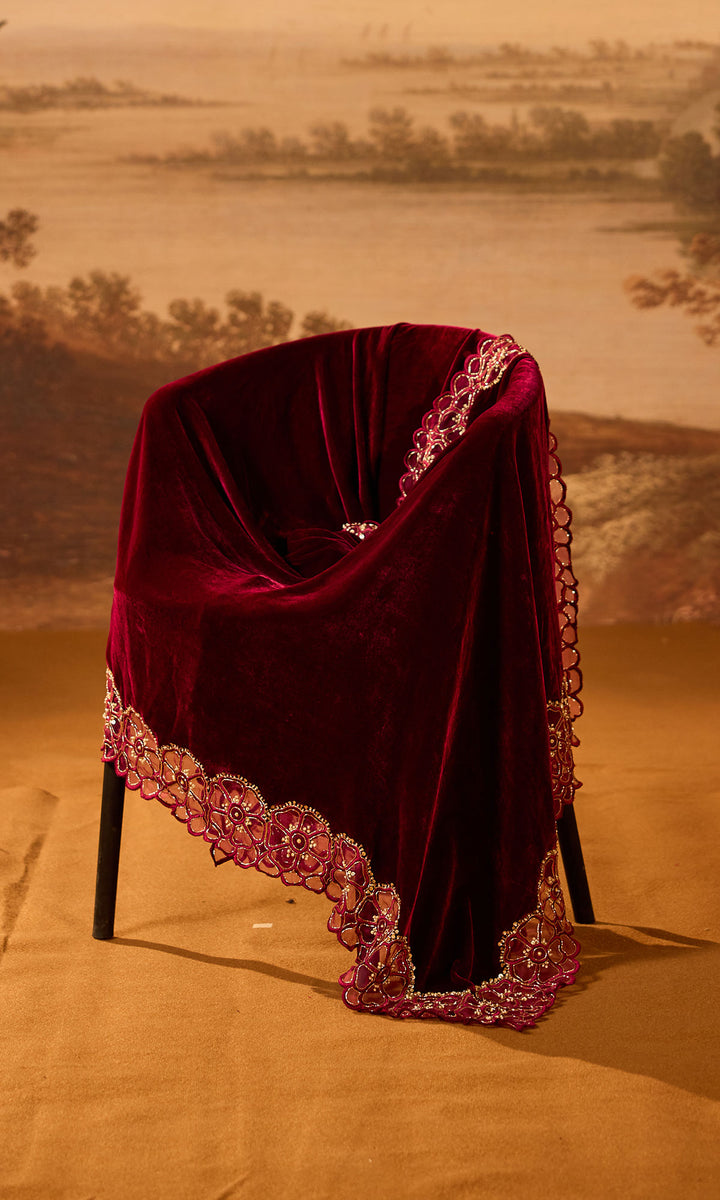 Dilbaro Embroidered Velvets Deep Orchid Silk Velvet Cutwork Shawl
