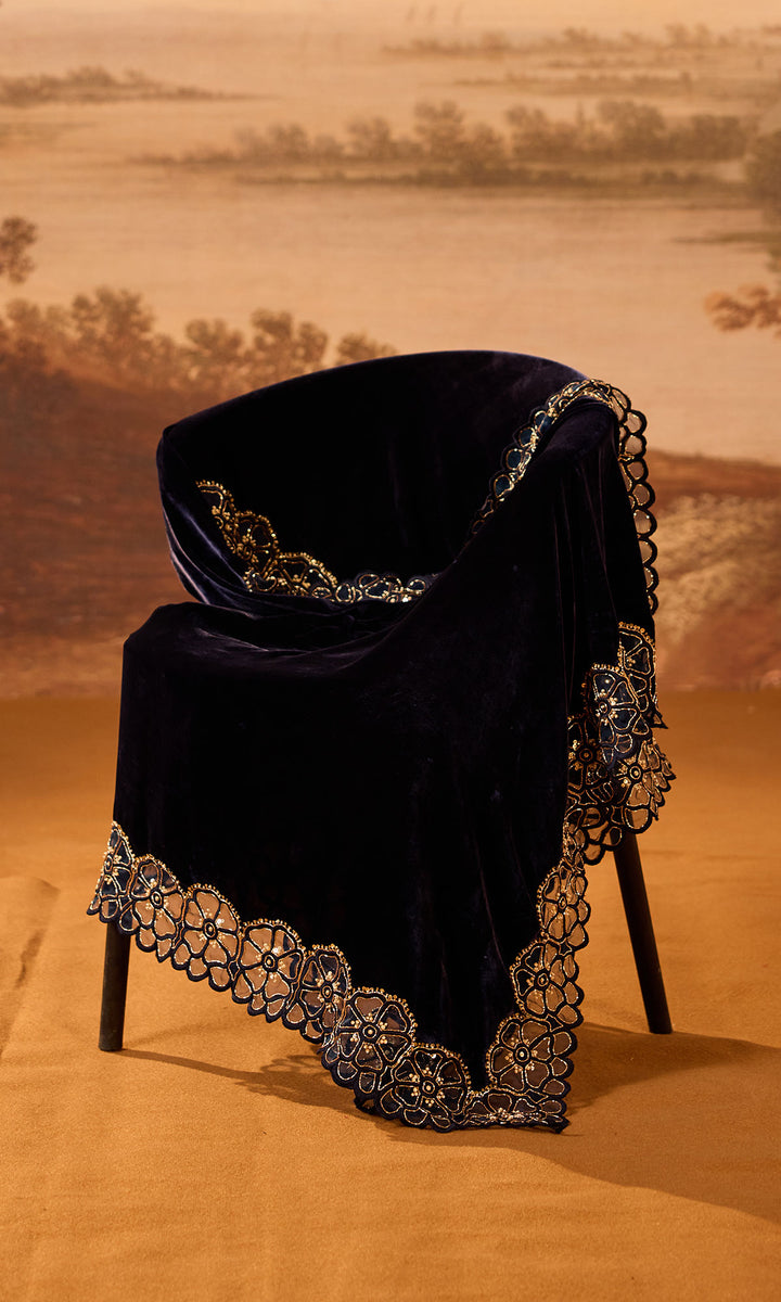 Dilbaro Embroidered Velvets Blue Silk Velvet Cutwork Shawl