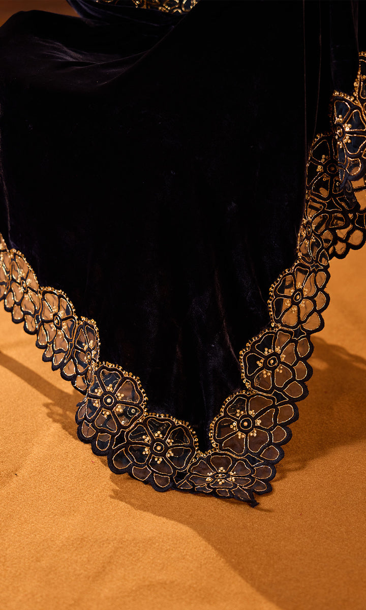 Dilbaro Embroidered Velvets Blue Silk Velvet Cutwork Shawl